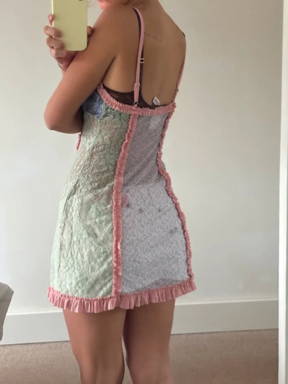 Pastel Lace Patchwork Slip Dress with Pink Trim - Picture 2 of 3